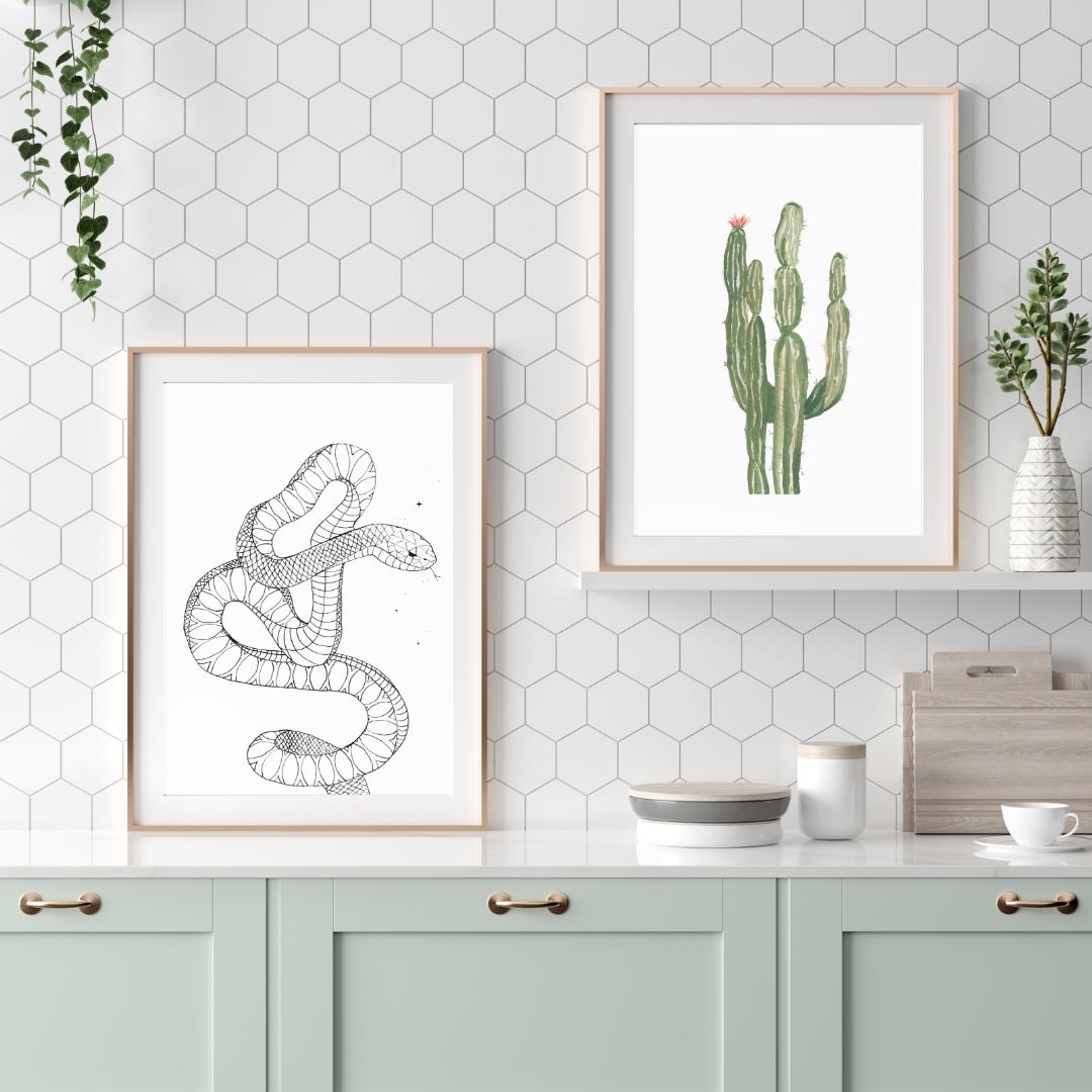 Boho Snake Art Print, Black & White Minimalist Serpent Drawing, Nature ...