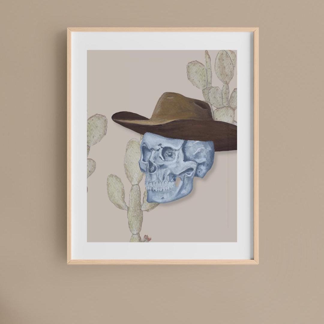 Impresión artística de calavera de vaquero, arte de pared bohemio occidental, impresión artística del suroeste, arte de pared de cactus, arte grunge de pintura de esqueleto bohemio, vaquero bohemio