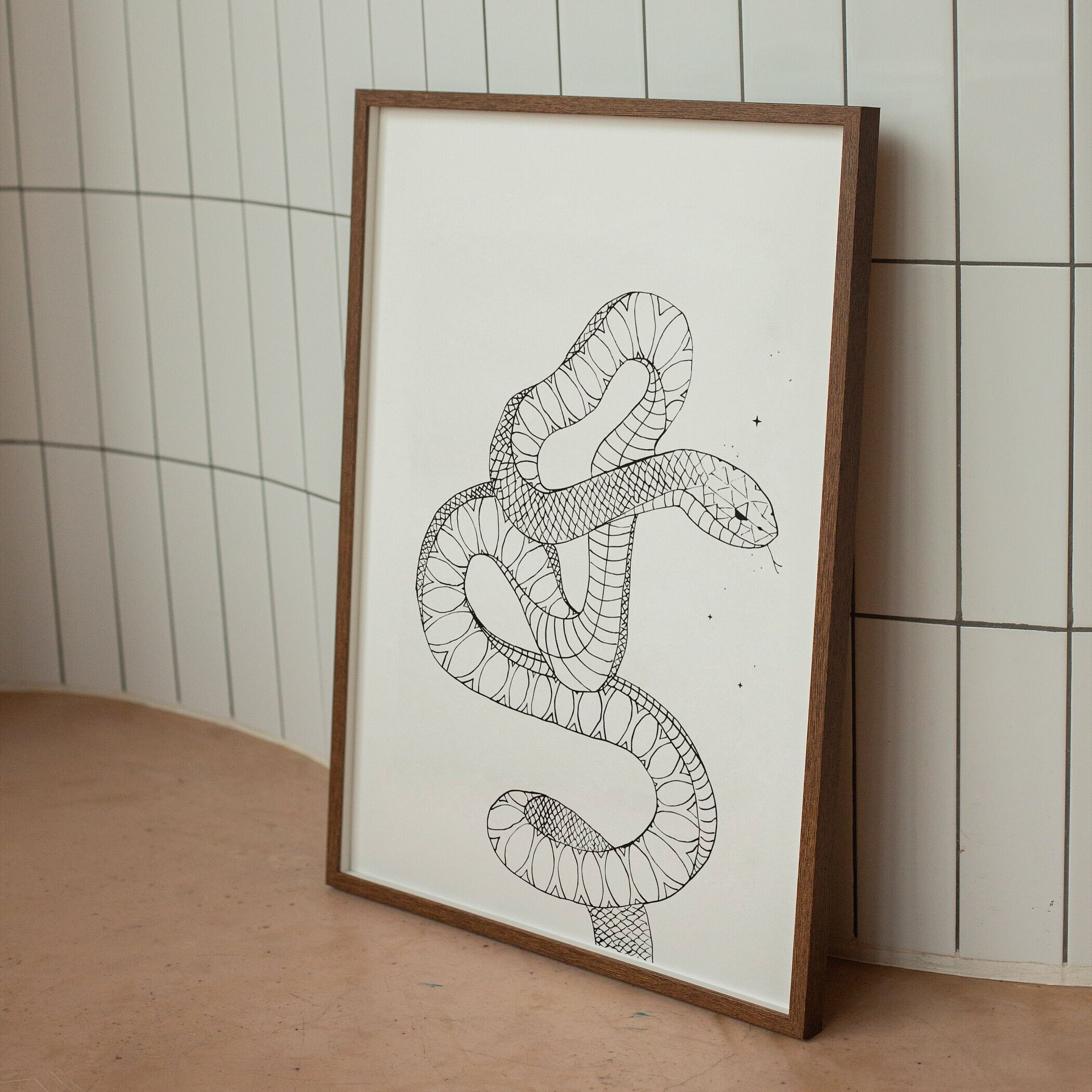 Boho Snake Art Print, Black & White Minimalist Serpent Drawing, Nature ...