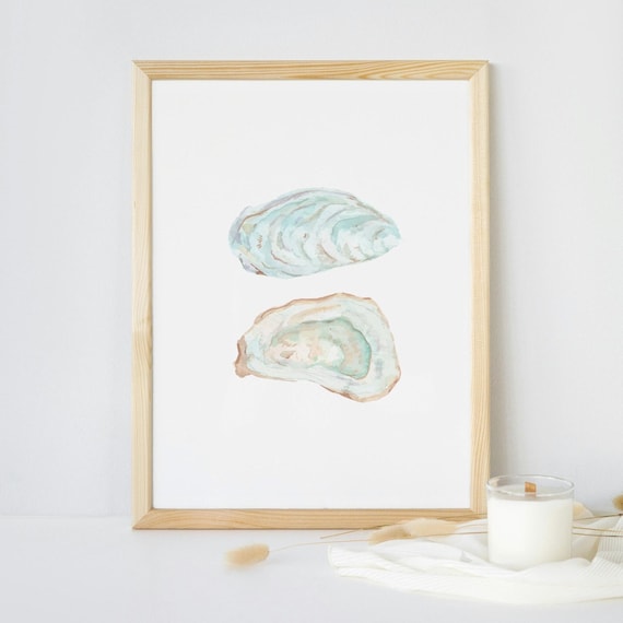 Oyster Wall Art, Coastal Home Decor, Seaside Blue Oyster Painting, Beach Watercolor Art, Oyster Illustration Print, Coastal Living Room Art