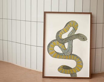 Boho Snake Art Print, Eclectic Yellow & Green Wall Decor, Nature-Inspired Illustration