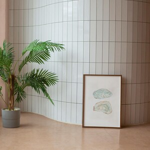 Puede incluir: Una impresi&oacute;n enmarcada de dos pinturas de acuarela de conchas de ostras en una pared de azulejos blancos con una palmera en maceta en primer plano.