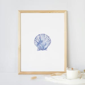 Blue Scallop Shell Art Print, Coastal Wall Art, Nautical Beach House Decor, Seashell Illustration, Ocean Cottagecore Bathroom Wall Decor