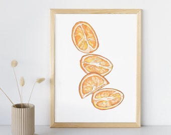 Impressão artística de laranja cítrica, decoração de parede colorida para cozinha, ilustração de frutas, arte gastronômica vibrante para sala de jantar.