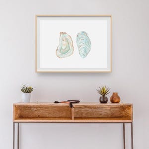 Puede incluir: Una pintura de acuarela enmarcada de dos conchas de ostra. Las conchas son de color azul verdoso claro con acentos marrones. La pintura est&aacute; sobre un fondo blanco y est&aacute; enmarcada en un marco de madera claro.