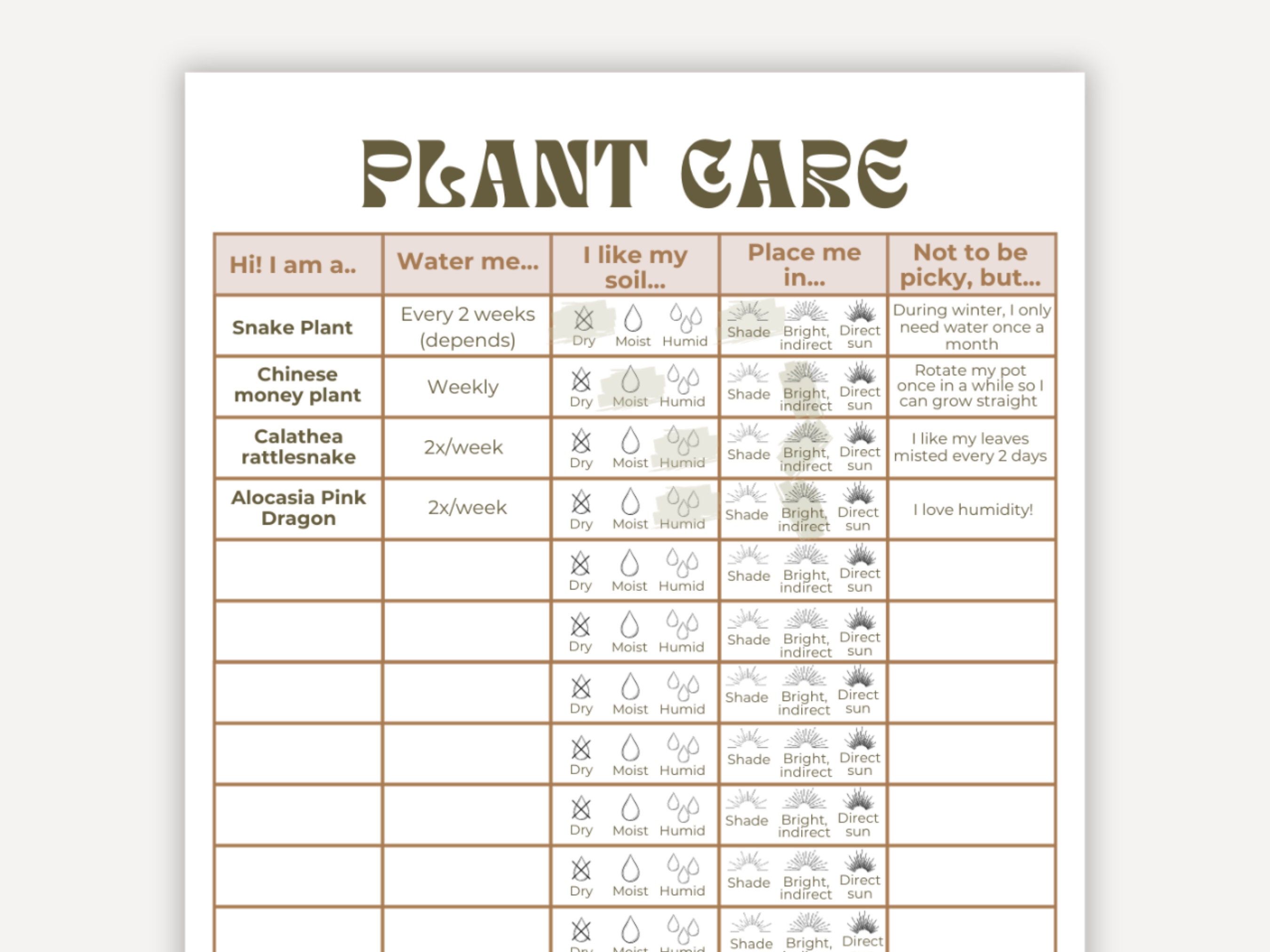 Plant Care Guide, Plant Planner, Houseplant Log, Printable Plant Care ...