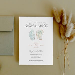 Austernschalen-Hochzeitseinladungsvorlage, Küstenstrandhochzeit, Digital Save the Date, elegante Sommereinladung, Canva bearbeitbares nautisches Thema