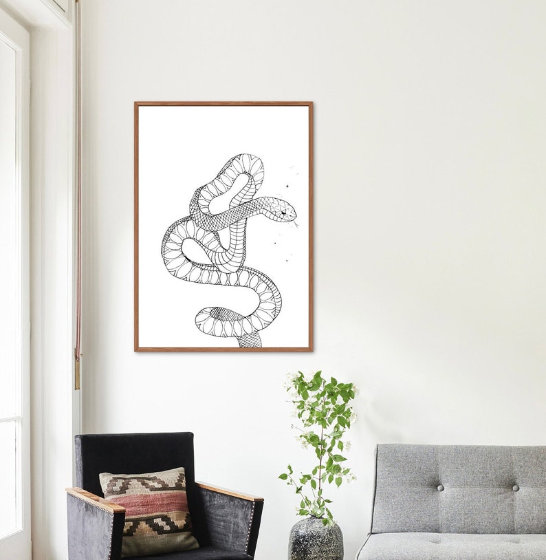 Boho Snake Art Print, Black & White Minimalist Serpent Drawing, Nature ...