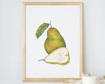 Könnte beinhalten: Ein Aquarellbild einer grünen Birne mit einem Blatt und einer geschnittenen Birne mit weißem Inneren. Die Birnen befinden sich auf einem weißen Hintergrund.