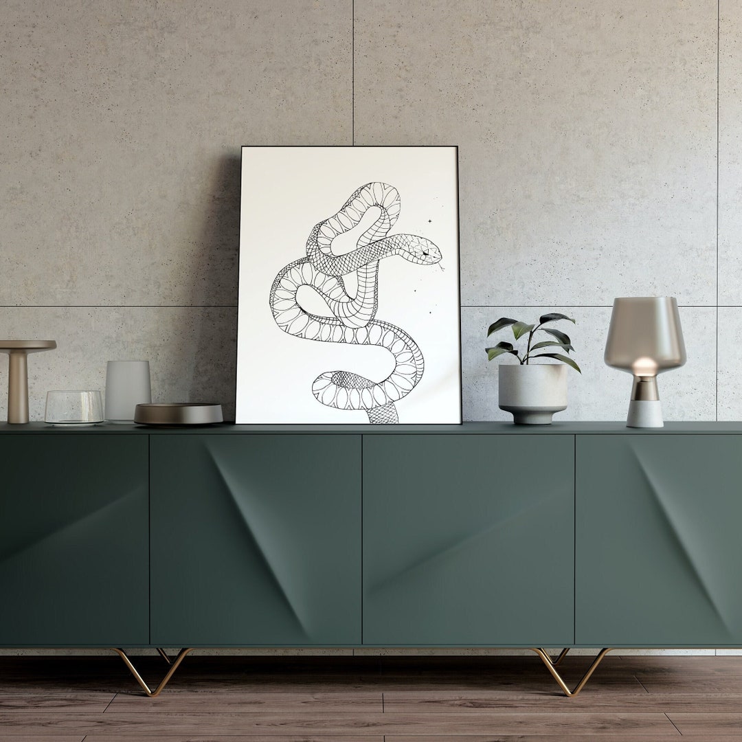 Boho Snake Art Print, Black & White Minimalist Serpent Drawing, Nature ...