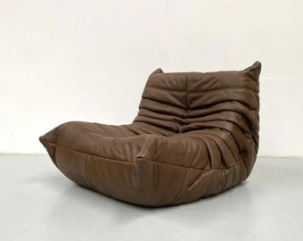 French Chestnut Brown Leather Togo Lounge Chair by Michel Ducaroy for Ligne Roset, 1970s