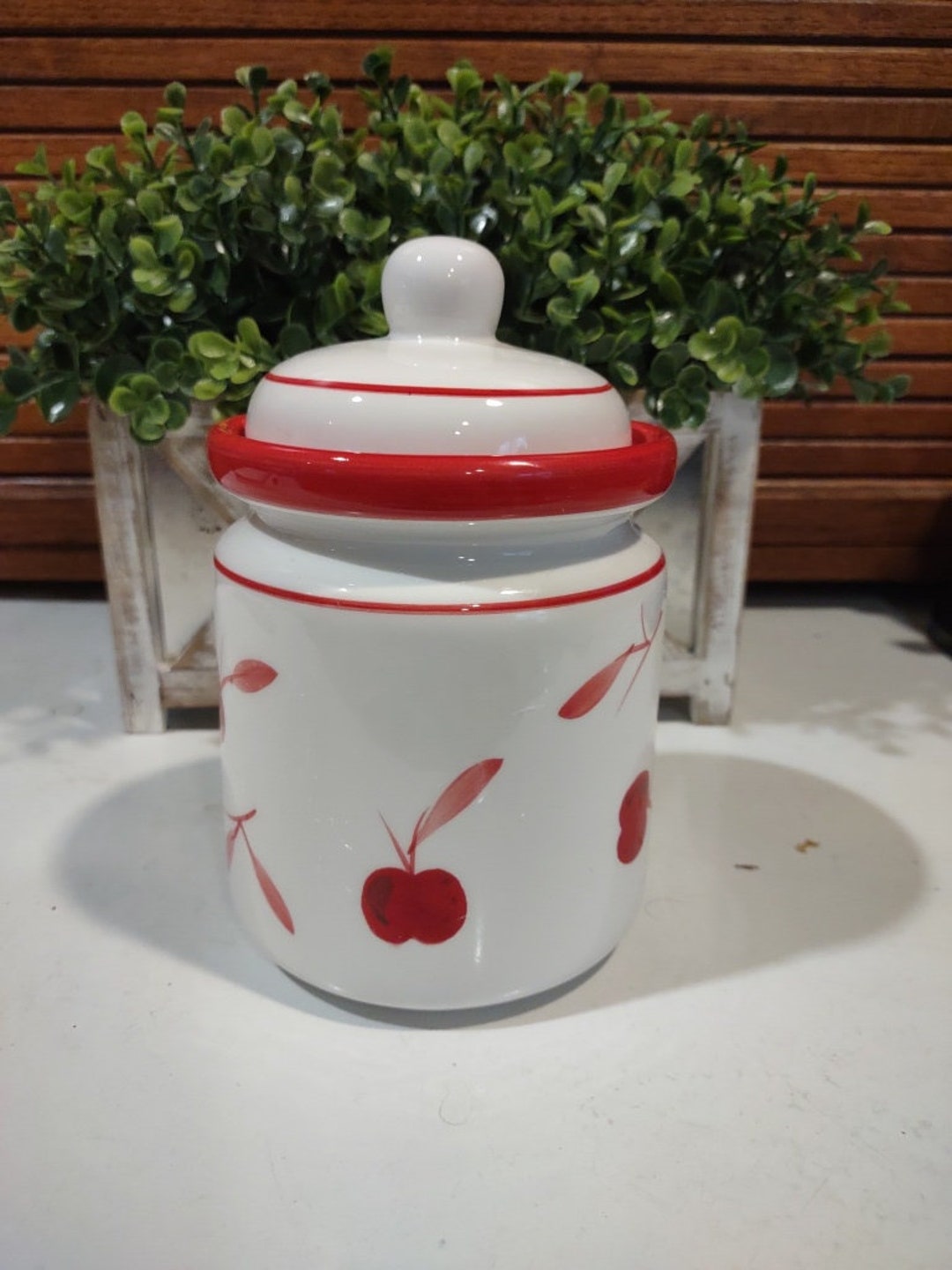 New Vintage Dansk Bing Small Canister & Lid 5 White Red Cherry 2003