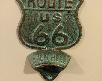 Route 66 Metal Bottle Opener, Rustic, Farmhouse, Mancave, Bar room, Garage, Cast Iron vintage looking ..