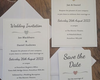 Personalised Save the Date, Double Mounted Day or Evening Wedding Invitations with Envelopes in Heart Design | Matching Stationery