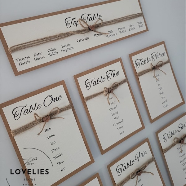 Personalised Wedding Table Plan Cards | Rustic Heart Design | Wedding Seating Plan | Seating Chart | Matching Wedding Stationery