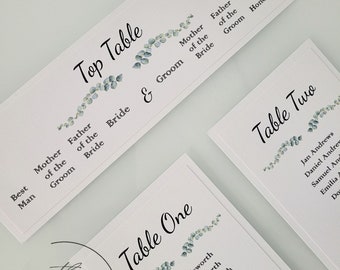 Cartes personnalisées de plan de table de mariage | Motif Eucalyptus | Plan de salle de mariage | Plan de la salle | Papeterie de mariage assortie