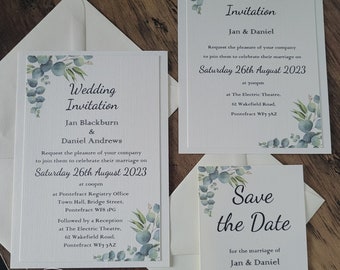 Personalised Save the Date, Double Mounted Day or Evening Wedding Invitations with Envelopes in Eucalyptus Design | Matching Stationery