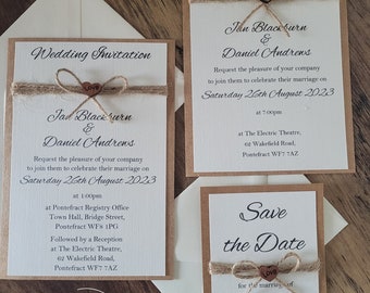 Personalised Save the Date, Double Mounted Day or Evening Wedding Invitations with Envelopes in Rustic Heart Design | Matching Stationery