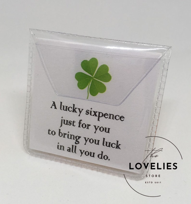 Lucky Sixpence Keepsake in protective plastic wallet. The back reads, A lucky sixpence just for you to bring you luck in all you do.