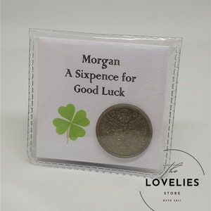 Personalised Lucky Sixpence Keepsake in protective plastic wallet. The front reads, A Sixpence for Good Luck along with the Name of your choice.