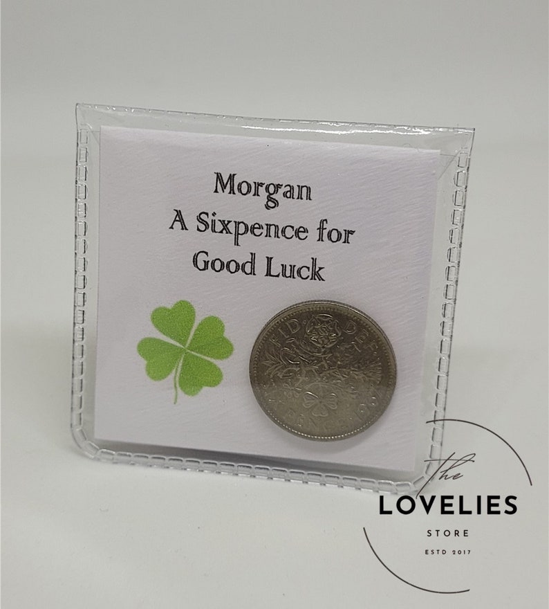 Personalised Lucky Sixpence Keepsake in protective plastic wallet. The front reads, A Sixpence for Good Luck along with the Name of your choice.