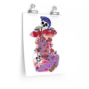 May include: A colorful illustration of a skull wearing a helmet and riding a bobsled down a winding path. The path is surrounded by trees, flowers, and other whimsical details. The text "Bob Sled" is written in red letters on a pink background.