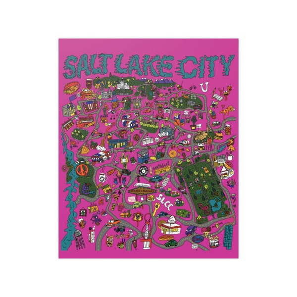 Iconic Salt Lake City  landmarks map 9x11 print