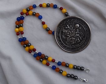 Blue Aventurine & Hematite Necklace, 925 Mayan Pendant, OOAK, Beaded Necklace, Gemstone Necklace, Crystal Necklace, Healing Crystals