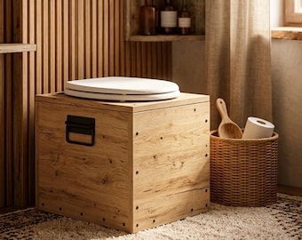 May include: A square wooden box with a light oak finish and a black metal handle on the front, topped with a white round toilet seat. The box features visible screw heads along the edges and is positioned in a room with vertical wood paneling.