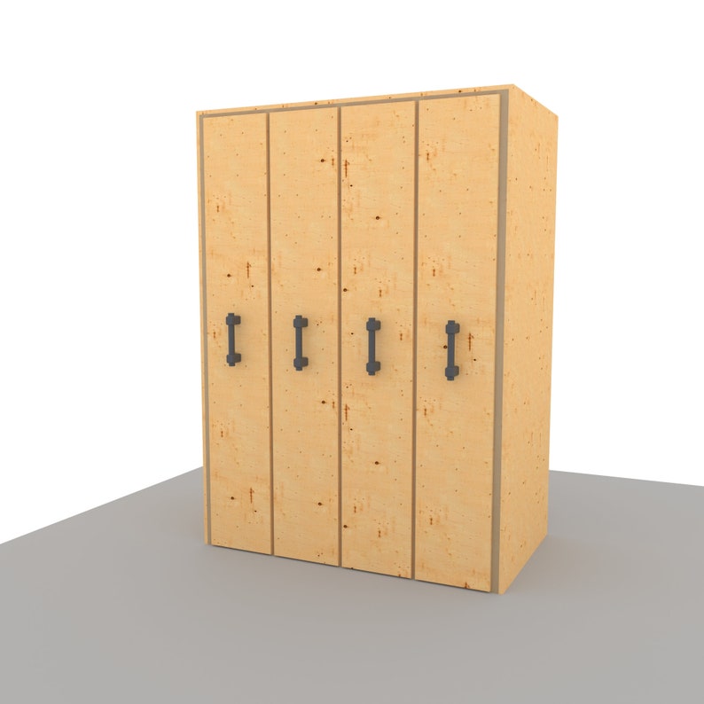 May include: A wooden cabinet with three doors and black metal handles. The cabinet is made of plywood and has a light brown finish.