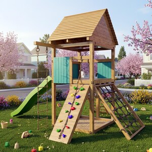 Kids Playset Build Plan: Outdoor Wooden Playhouse with Climbing Wall (Digital Download)