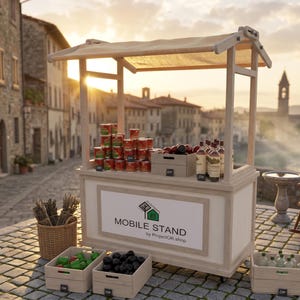 以下が含まれることがあります： MOBILE STAND by ProjectOK.shopと書かれた看板が付いた、屋根付きの明るい木製モバイルスタンド。スタンドには積み重ねられた赤い缶、暗い色の農産物が入った木箱、ガラス瓶が陳列されており、下部には追加の木箱が置かれています。