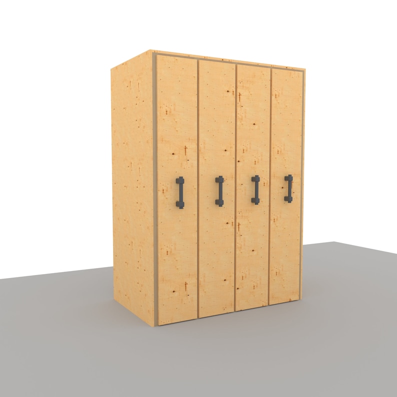 May include: A wooden cabinet with four doors and black metal handles. The cabinet is made of plywood and has a light brown finish.