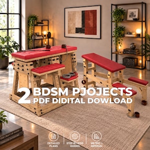 May include: Two wooden furniture structures with red padded surfaces and integrated metal restraints, featuring the text 2 BDSM PJOJECTS PDF DIDITAL DOWLOAD. These items include adjustable components, chains, and cuffs for various positions.