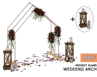 May include: A wedding arch made of metal pipes with red and green floral arrangements. The arch is decorated with scattered red rose petals. Two wooden pedestals with lanterns are included. PDF Project Plans: Wedding Arch.