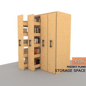 May include: A wooden storage cabinet with sliding shelves. The cabinet has two doors and is made of plywood. The shelves are on wheels and can be pulled out for easy access. The cabinet is labeled "STORAGE SPACE" and "PDF PROJECT PLANS".
