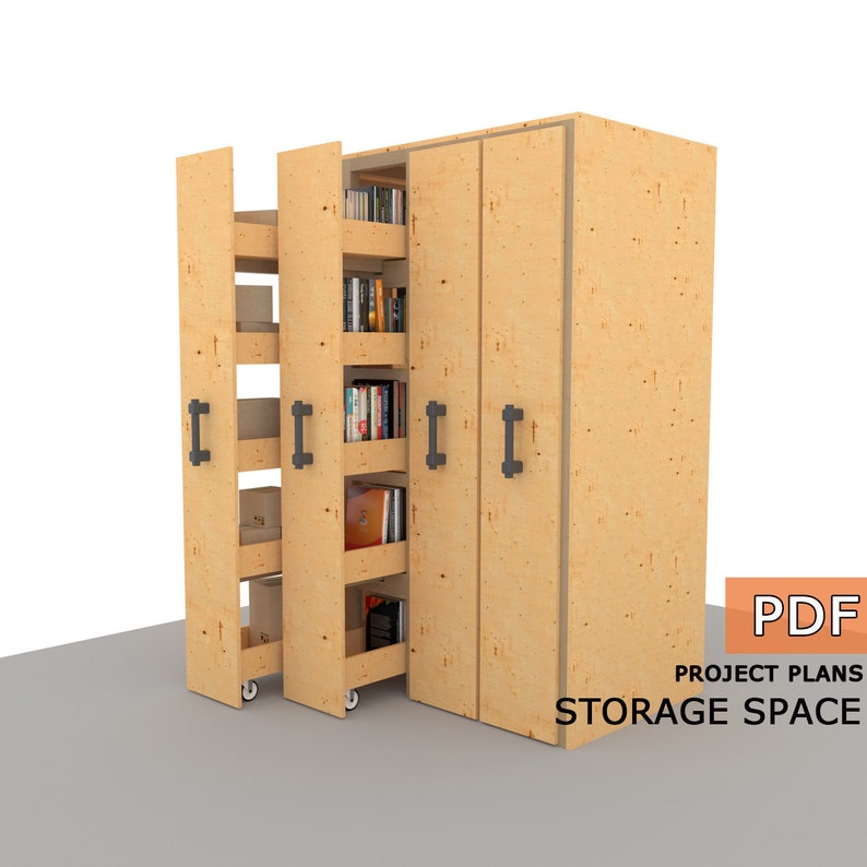 May include: A wooden storage cabinet with sliding shelves. The cabinet has two doors and is made of plywood. The shelves are on wheels and can be pulled out for easy access. The cabinet is labeled "STORAGE SPACE" and "PDF PROJECT PLANS".