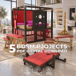 May include: A collection of furniture designs including a large dark-framed bed structure with red vertical slats, a red-padded bench, and a low red-padded platform. The text 5 BDSM PJOJECTS PDF DIDITAL DOWLOAD is overlaid on the image.