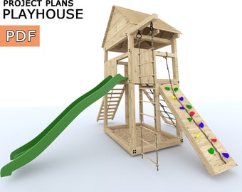 Playset build plan for kids, Playhouse - Wooden gardenhouse, Outdoor Wood Structure Climbing Wall Climber Slide - Digital Download Only