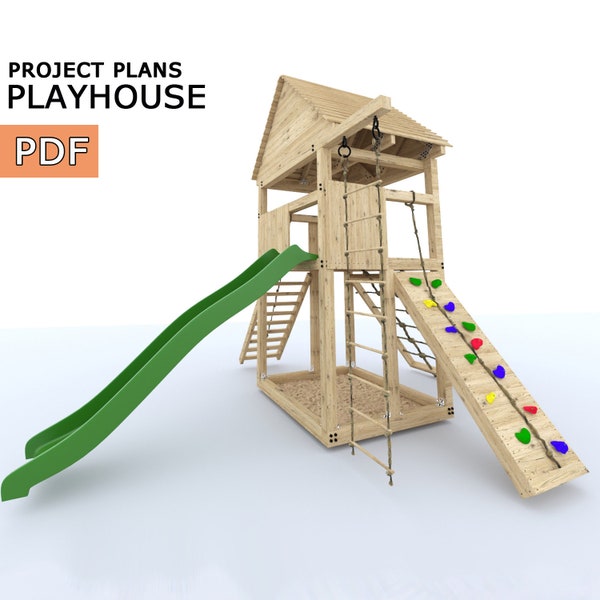 Playset build plan for kids, Playhouse - Wooden gardenhouse, Outdoor Wood Structure Climbing Wall Climber Slide - Digital Download Only
