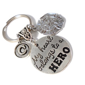 My Heart Belongs to a HERO ~ Fire Fighter Keychains - Personalize with a Letter Charm & Fire Deptartment Key Chain Fireman / Fire Woman