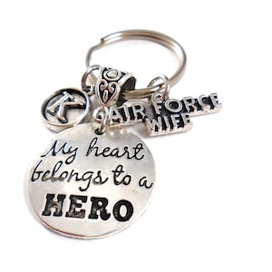 My Heart Belongs to a HERO ~ Military Keychains - Personalize with a Letter Charm & Military Branch Key Chain ~ Military Mom