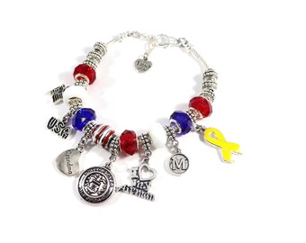 Air Force, Army, Coast Guard, Marine, Navy Charm Bracelets for Military Mom, Military Wife, Military Grandma ~ Personalized