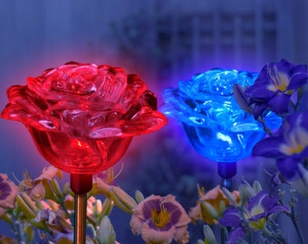 Paquete de 2 luces solares para jardín con flores de rosas, LED cambiantes multicolores para decoración de césped, paisaje, camino de patio al aire libre