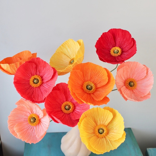 Poppy flowers, handmade paper flowers in bright colors