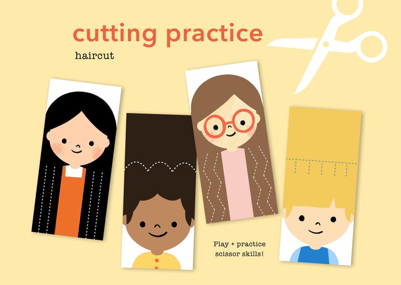 Puede incluir: Cuatro tarjetas imprimibles con personajes de dibujos animados con l&iacute;neas punteadas para practicar el corte. Las tarjetas dicen "cutting practice haircut" y "Play + practice scissor skills!"