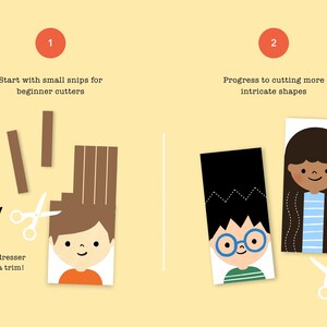 Puede incluir: Dos ilustraciones que muestran c&oacute;mo cortar el pelo a las mu&ntilde;ecas de papel. La primera ilustraci&oacute;n muestra una mu&ntilde;eca de papel con el pelo casta&ntilde;o y un par de tijeras. La segunda ilustraci&oacute;n muestra dos mu&ntilde;ecas de papel con diferentes peinados y un par de tijeras.