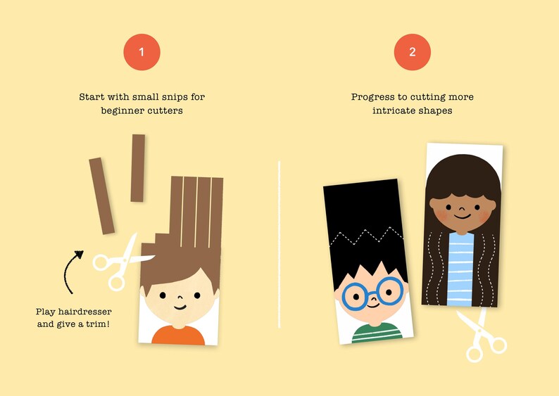 Puede incluir: Dos ilustraciones que muestran c&oacute;mo cortar el pelo a las mu&ntilde;ecas de papel. La primera ilustraci&oacute;n muestra una mu&ntilde;eca de papel con el pelo casta&ntilde;o y un par de tijeras. La segunda ilustraci&oacute;n muestra dos mu&ntilde;ecas de papel con diferentes peinados y un par de tijeras.