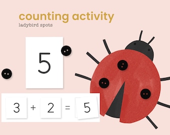 Tarjetas de conteo de mariquitas / Reconocimiento de números y suma para niños pequeños (Patrón PDF)