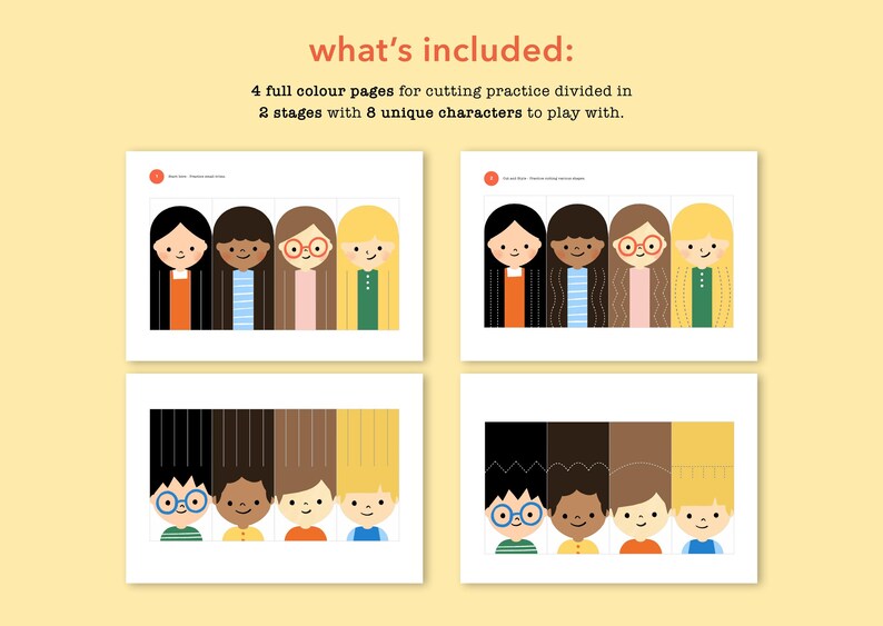 Puede incluir: Cuatro p&aacute;ginas imprimibles con ilustraciones coloridas de caras de ni&ntilde;os para practicar el corte. Cada p&aacute;gina presenta ocho personajes &uacute;nicos con diferentes peinados, tonos de piel y ropa.